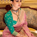 Pastel Pink Banarasi Silk Saree with Golden Zari Contrast Teal Blouse