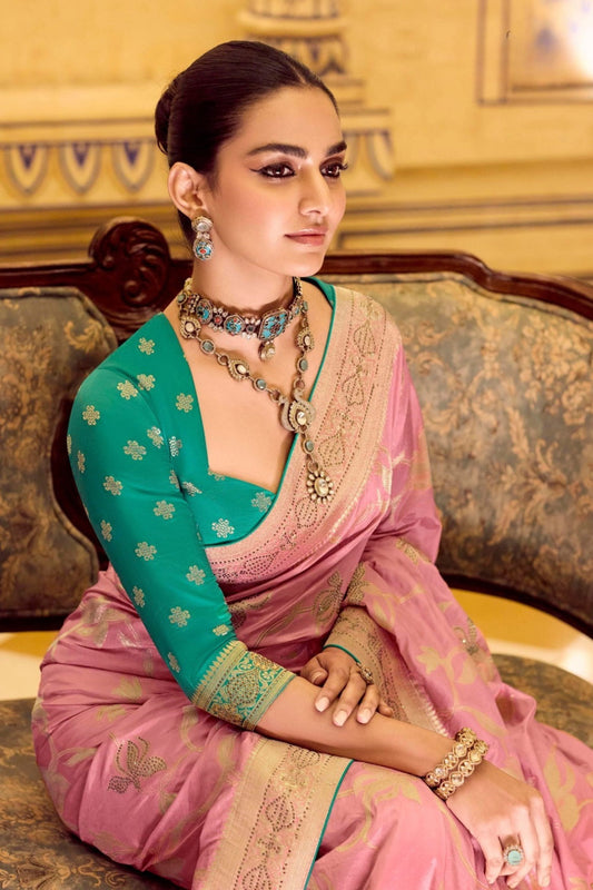 Pastel Pink Banarasi Silk Saree with Golden Zari Contrast Teal Blouse