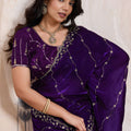 Royal Purple Silk Saree Golden Zari Embroidery Border Matching Blouse