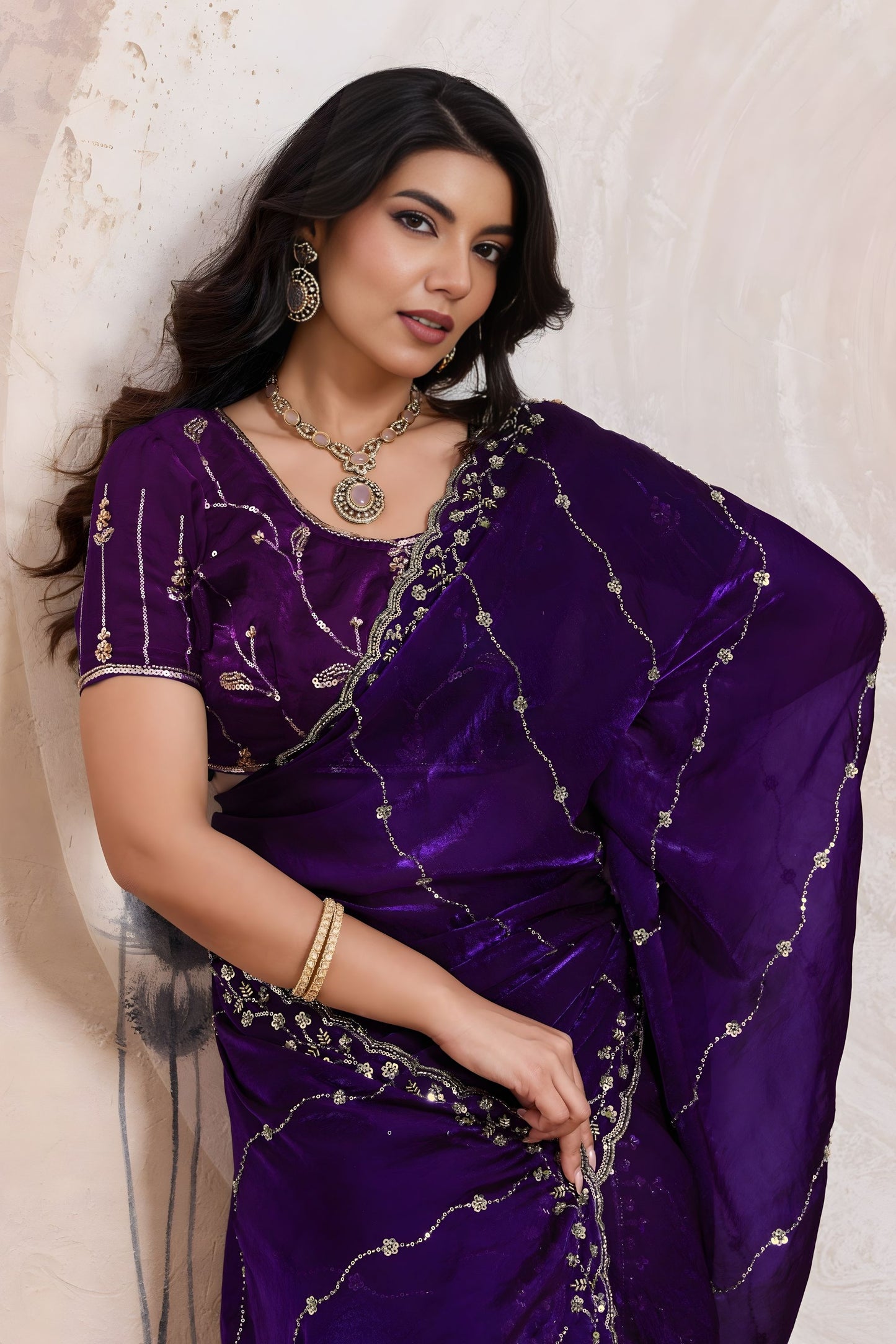 Royal Purple Silk Saree Golden Zari Embroidery Border Matching Blouse