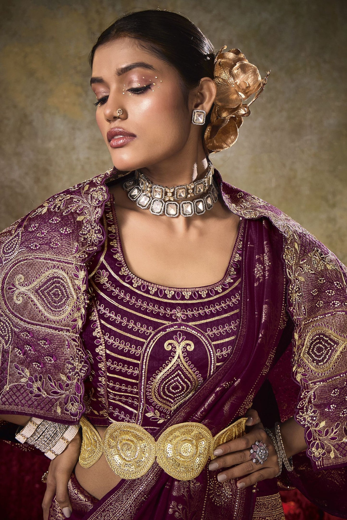 Wine Purple Banarasi Silk Saree Heavy Gold Zari Weaving Embroidered Blouse