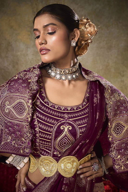 Wine Purple Banarasi Silk Saree Heavy Gold Zari Weaving Embroidered Blouse