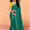 Bottle Green Designer Embroidered Silk Saree Heavy Zari Blouse Piece