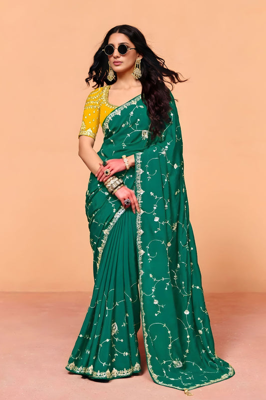Bottle Green Designer Embroidered Silk Saree Heavy Zari Blouse Piece