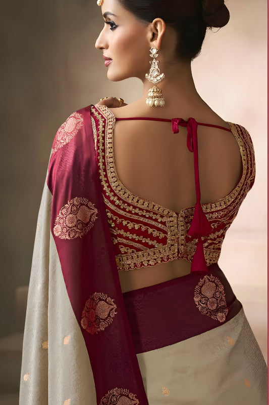 Cream Silk Saree with Maroon Border Rich Zari