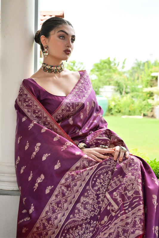 Wine Purple Cotton Silk Saree with Traditional Woven Border