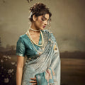 Sea Green Linen Silk Saree Floral Digital Print Designer Tassel Pallu