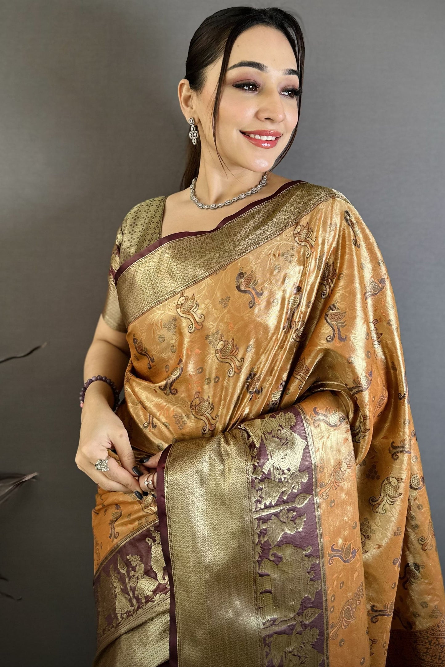 Mustard Gold Maroon Kanjivaram Silk Saree Traditional Zari Woven Saree