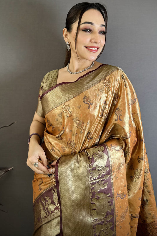 Mustard Gold Maroon Kanjivaram Silk Saree Traditional Zari Woven Saree
