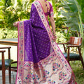 Purple Silk Saree Pink Border Multicolor Peacock Zari Weaving Work