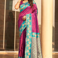  Magenta Silk Saree with Teal Green Contrast Border Floral Zari Work 