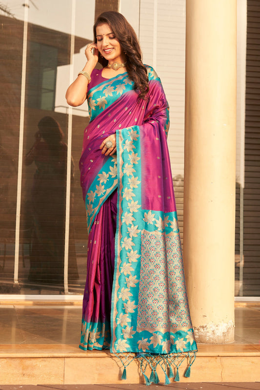  Magenta Silk Saree with Teal Green Contrast Border Floral Zari Work 