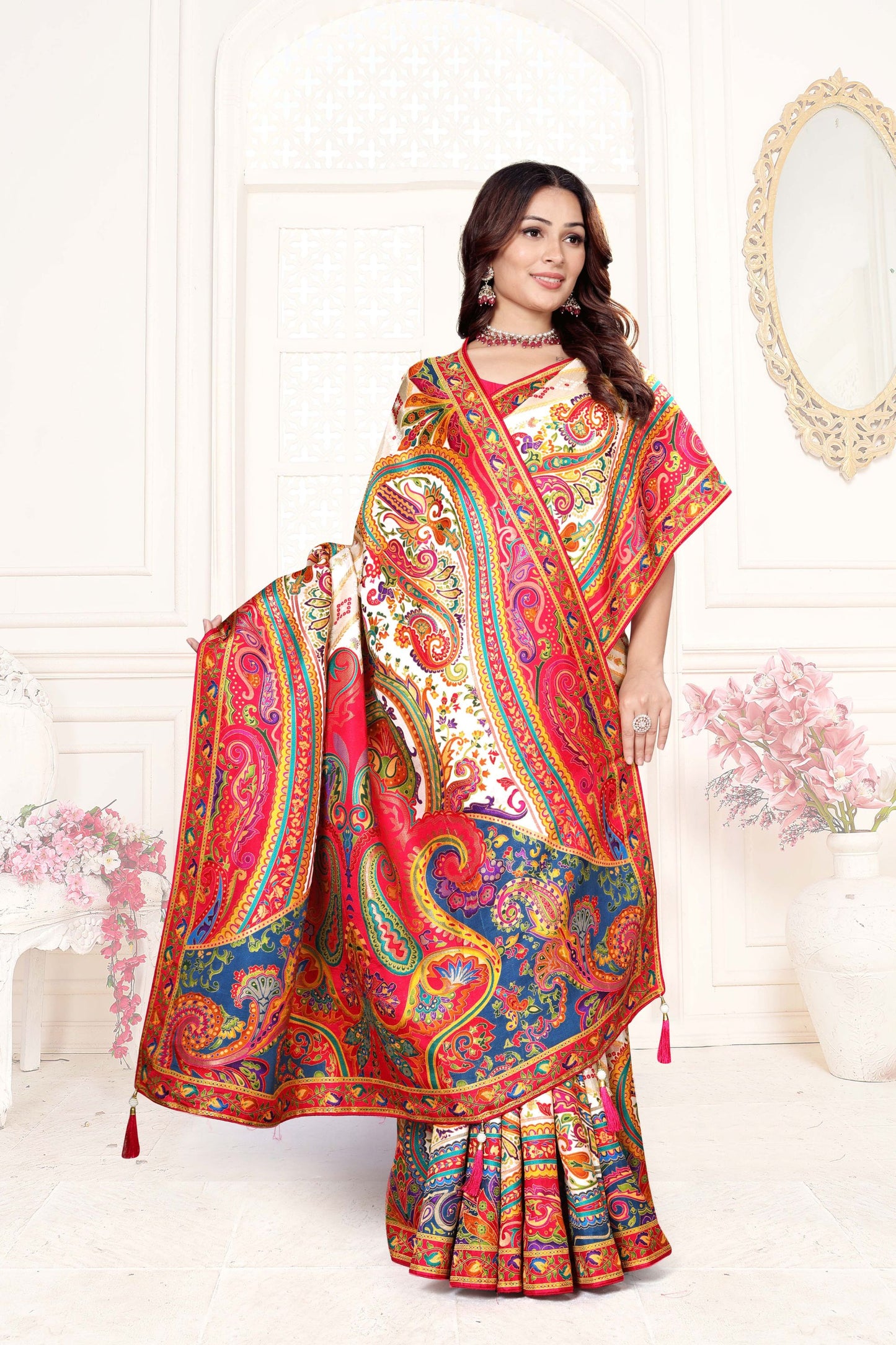 White Multicolor Printed Saree with Paisley Design Saree