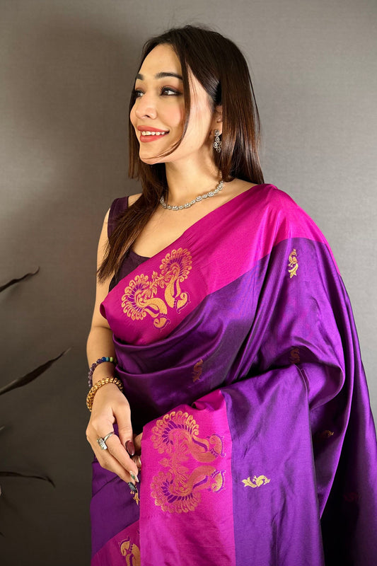 Royal Purple Soft Silk Saree with Pink Border and Designer Pallu