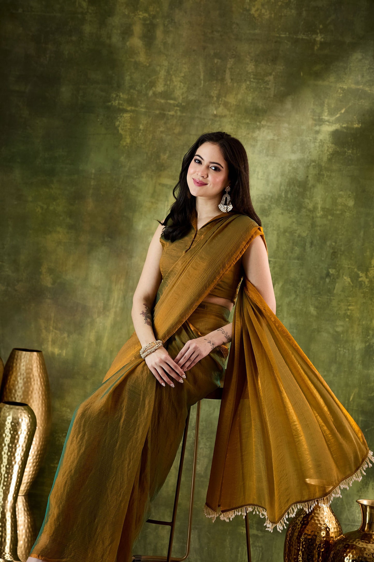 Mustard Yellow Olive Green Dual Tone Saree Designer Party Wear Saree