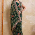 Dark Green Printed Saree Traditional Motif Design Decorative Border