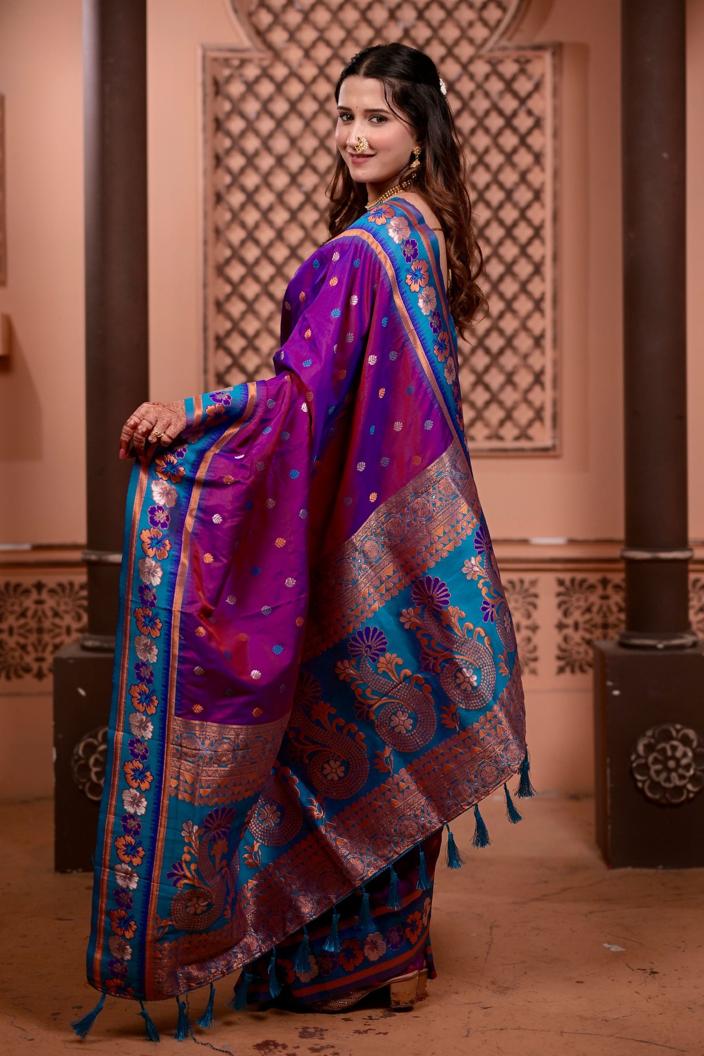 Magenta Paithani Silk Saree with Contrast Teal Blue Zari Border