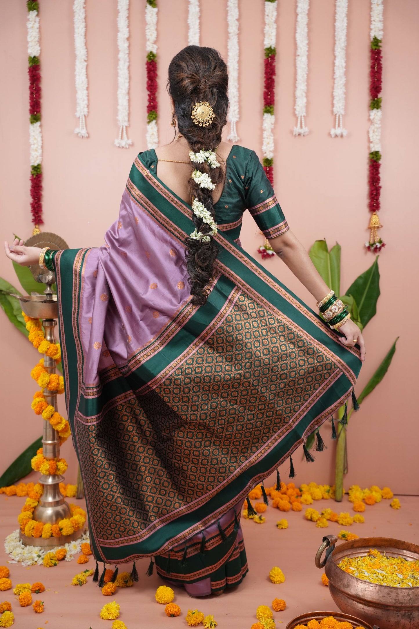 Lavender Silk Saree Dark Green Woven Border Traditional Design