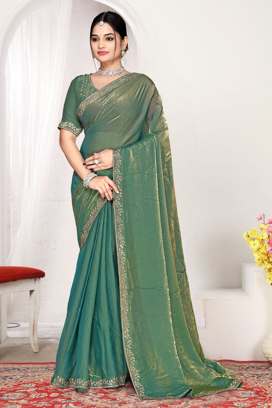 Olive Green Silk Saree with Rich Golden Zari Border Designer Saree