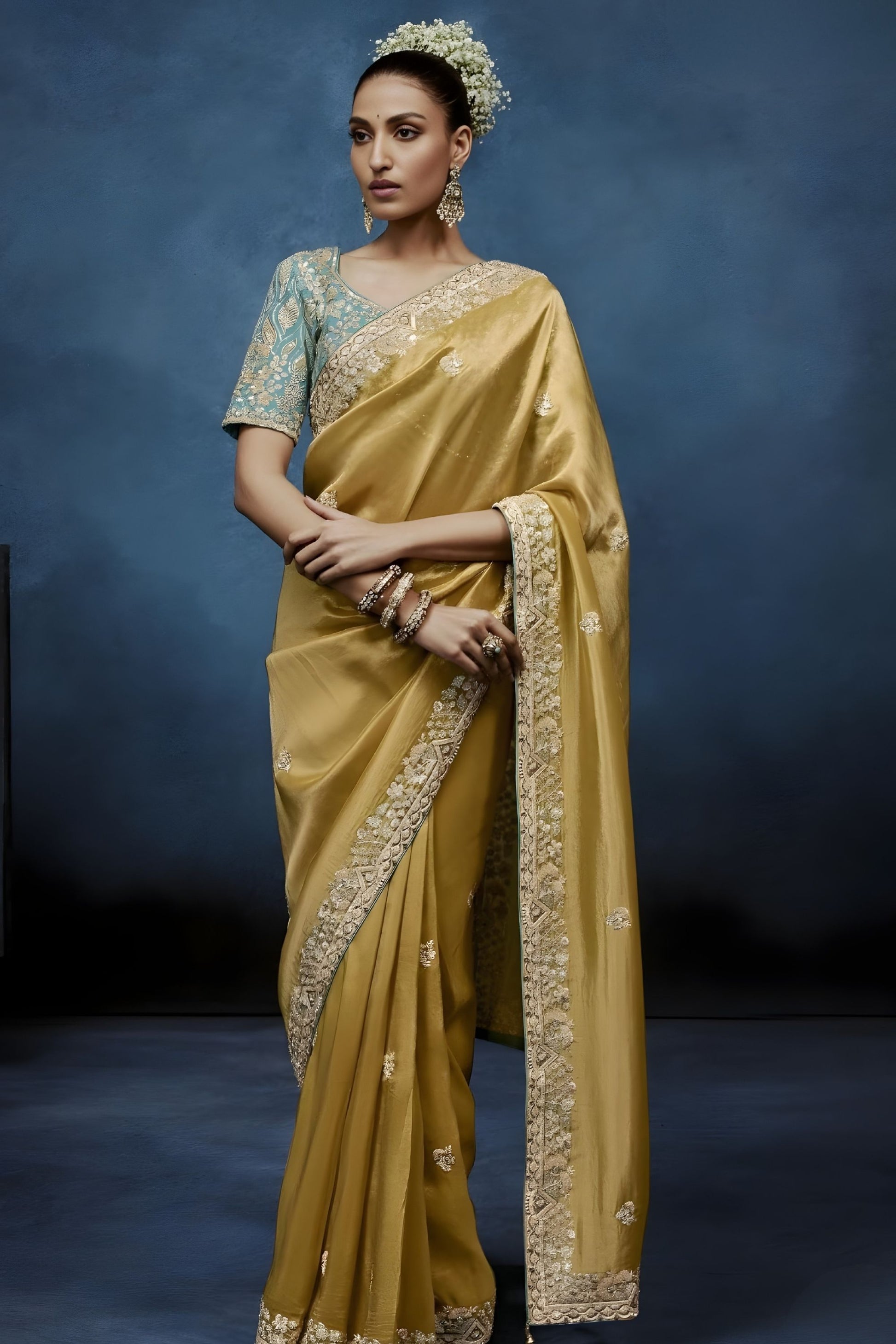Luxury Mustard Gold Embroidered Saree with Designer Blouse