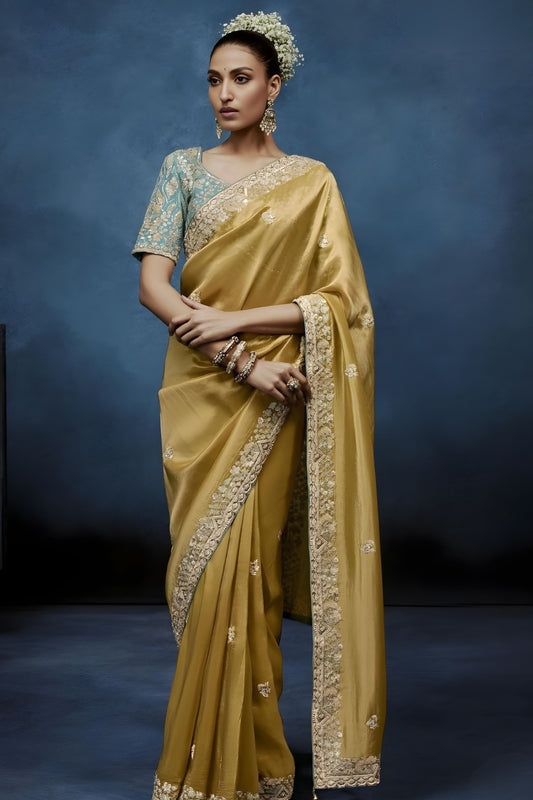 Luxury Mustard Gold Embroidered Saree with Designer Blouse