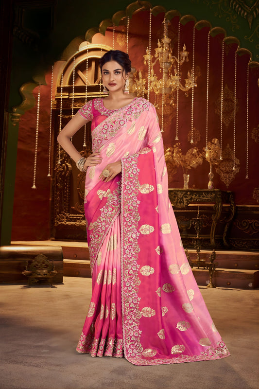 Rani Pink Blush Pink Embroidered Silk Blend Saree with Designer Blouse