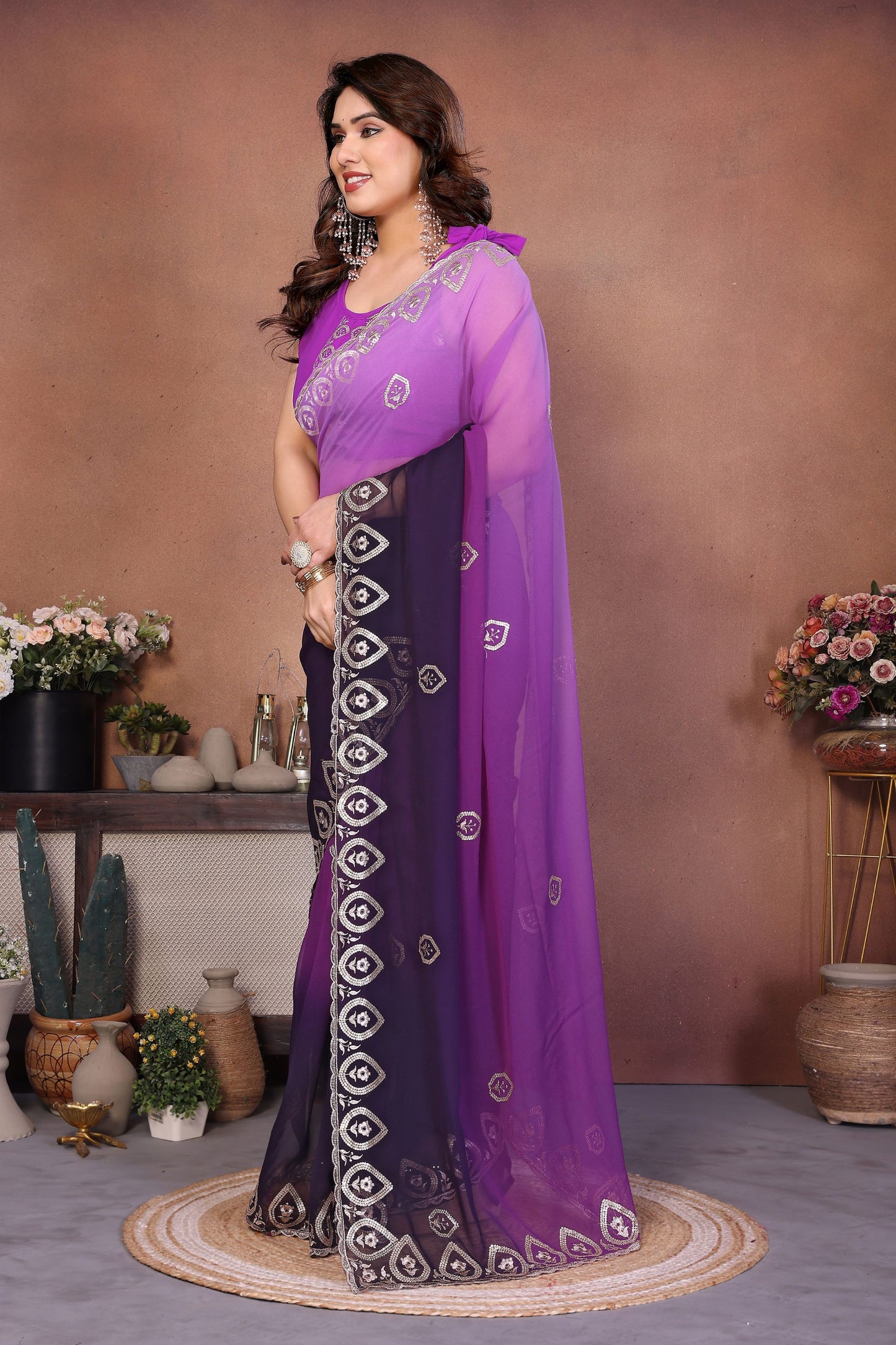 Purple Ombre Georgette Saree with Embroidered Border Work