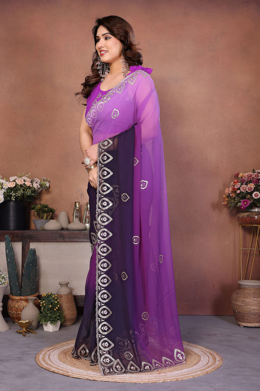 Purple Ombre Georgette Saree with Embroidered Border Work