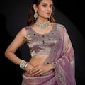 Mauve Pink Shimmer Silk Saree with Heavy Zari Stone Embroidered Border