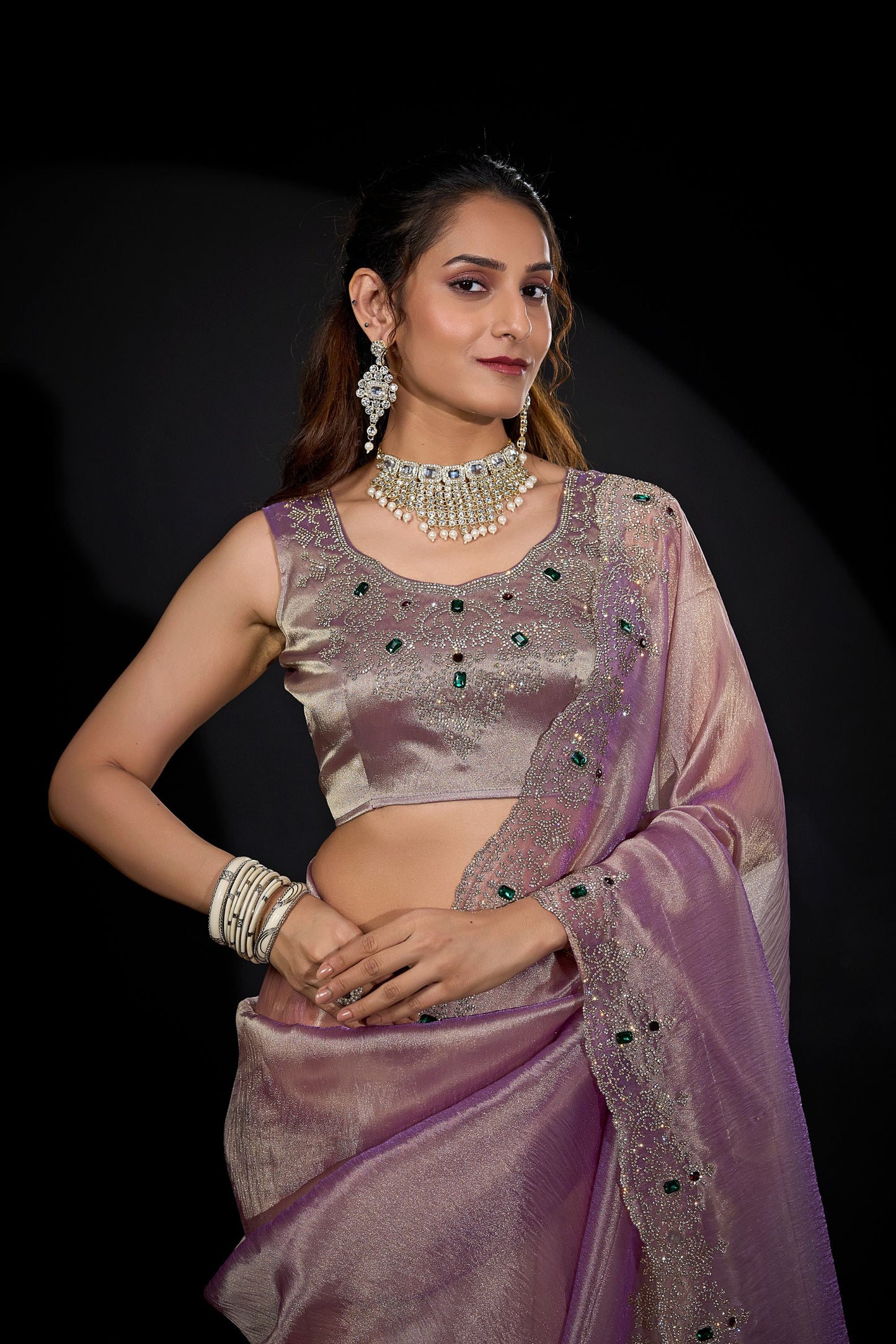 Mauve Pink Shimmer Silk Saree with Heavy Zari Stone Embroidered Border