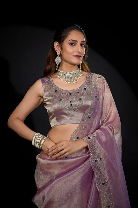 Mauve Pink Shimmer Silk Saree with Heavy Zari Stone Embroidered Border