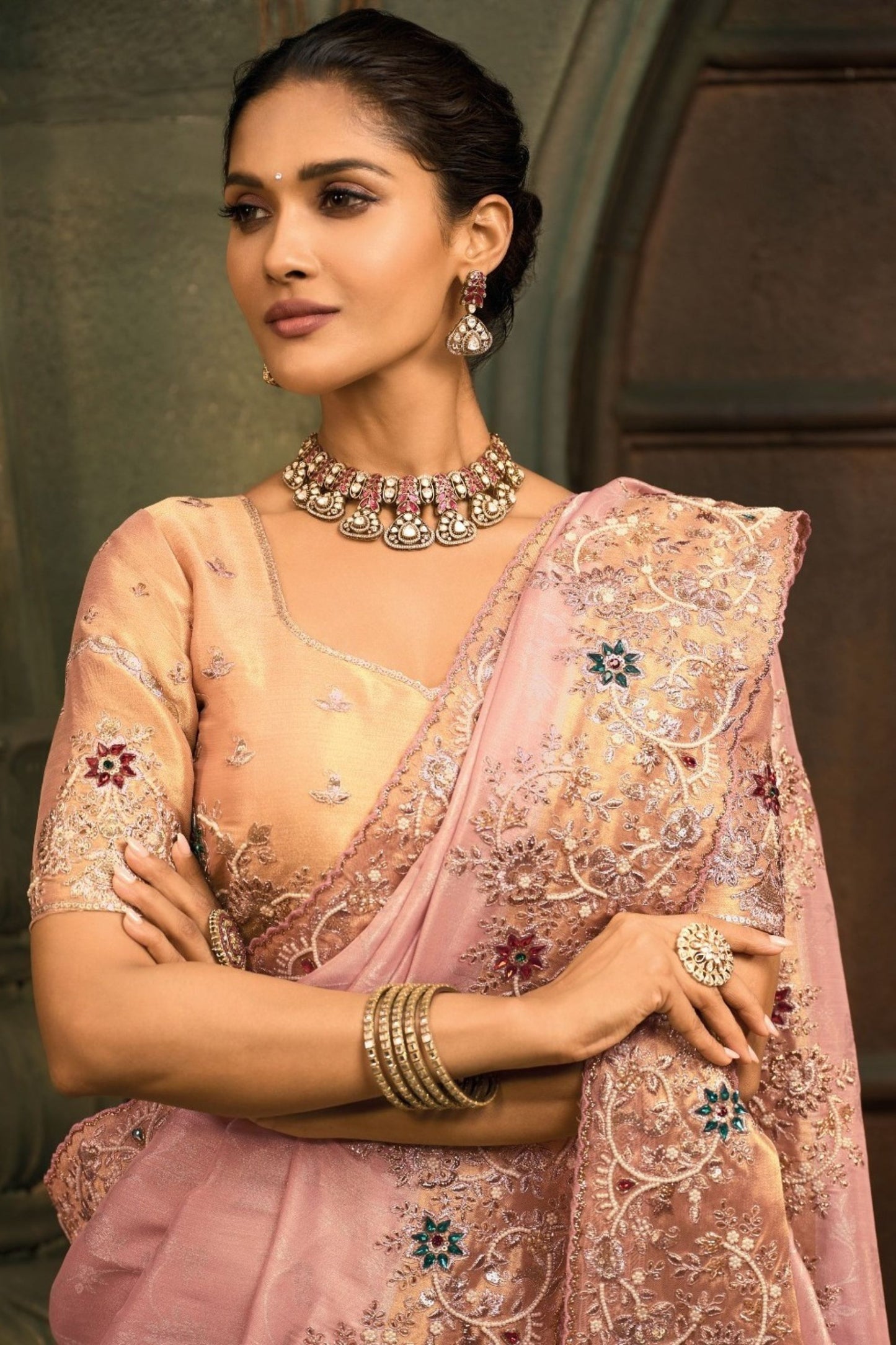 Pink Designer Embroidered Silk Saree with Floral Work Wedding Wear