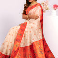 Off White Paithani Silk Saree with Coral Orange Zari Border and Traditional