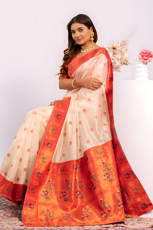 Off White Paithani Silk Saree with Coral Orange Zari Border and Traditional
