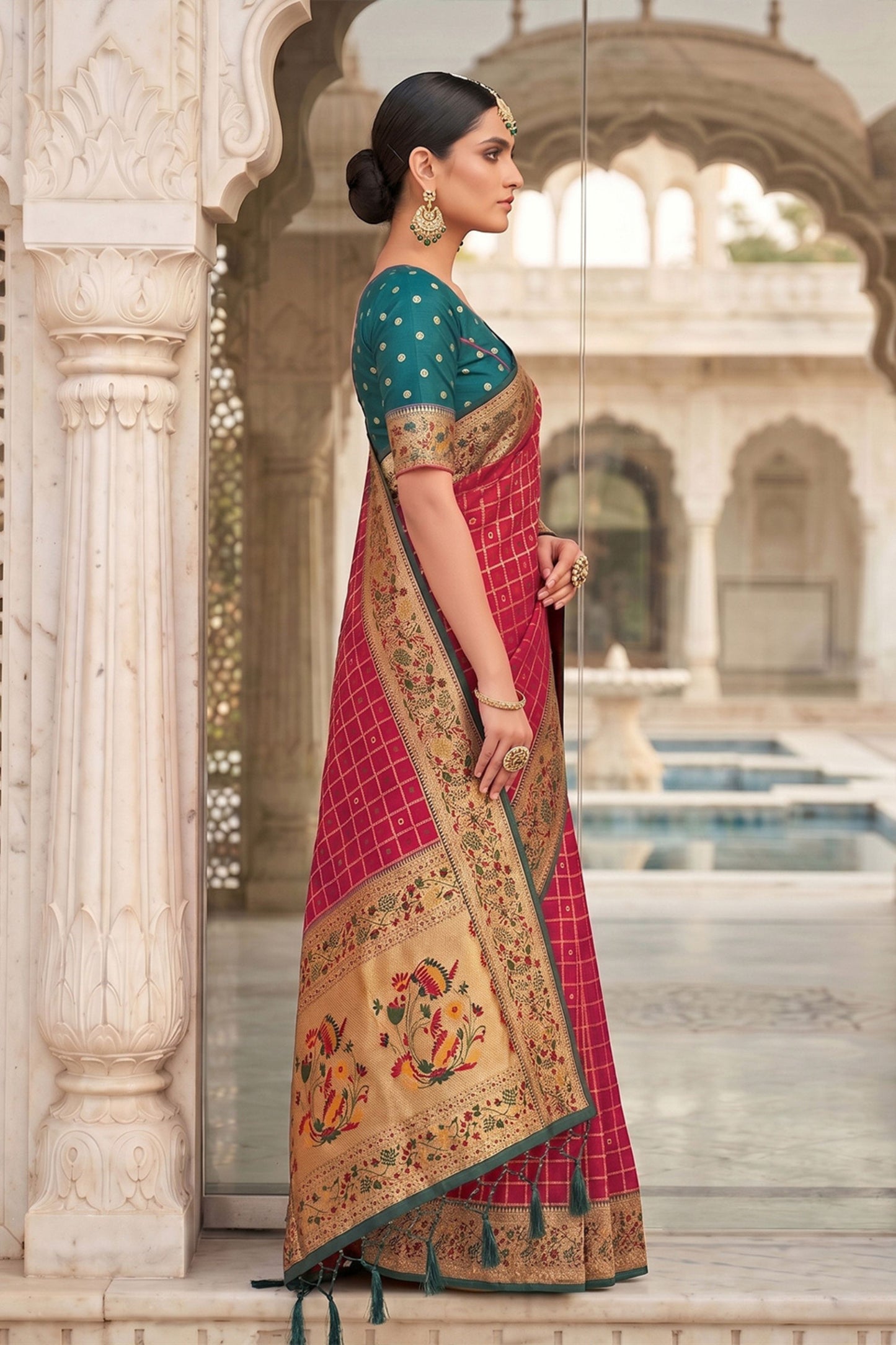 Rani Pink Paithani Silk Saree Rich Zari Floral Border Peacock Pallu