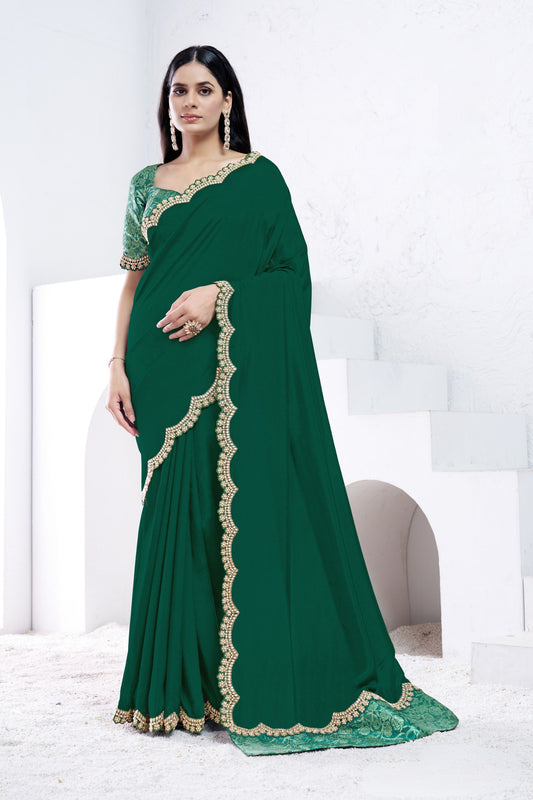 Green Georgette Saree with Gold Embroidered Border Designer Blouse
