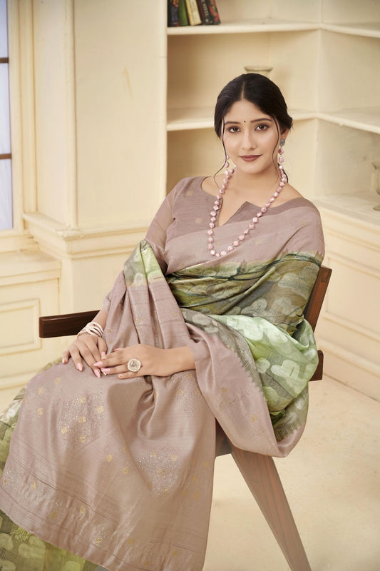 Dusty Beige and Olive Green Floral Printed Linen Silk Saree with Zari Accents
