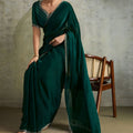 Bottle Green Chiffon Saree with Zari Border Embroidered Blouse