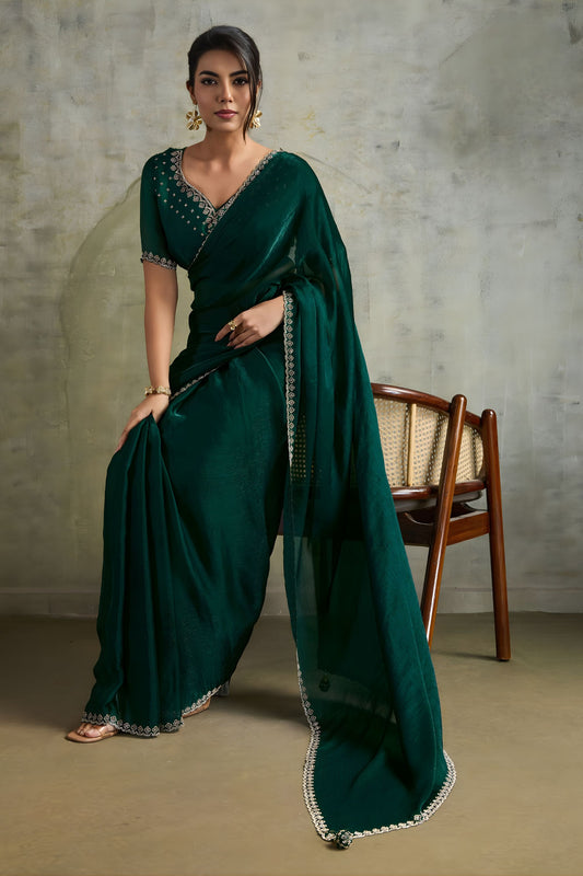 Bottle Green Chiffon Saree with Zari Border Embroidered Blouse