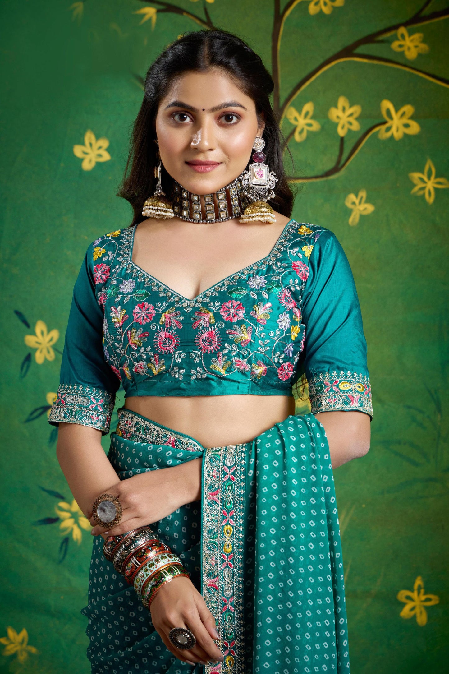 Teal Green Bandhani Saree and Designer Blouse Festive Wear