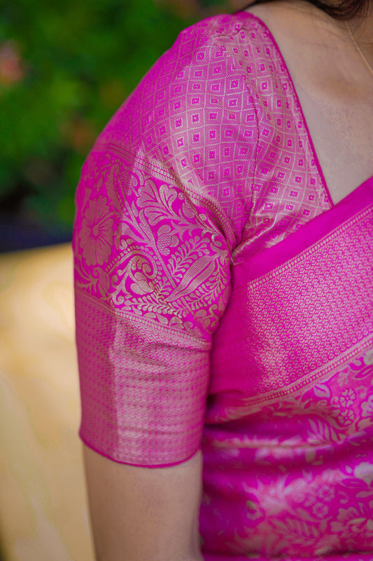 Luxury Rani Pink Banarasi Silk Saree with All-Over Floral Zari Weaving