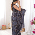 Black Floral Digital Printed Linen Saree with Designer Lace Border