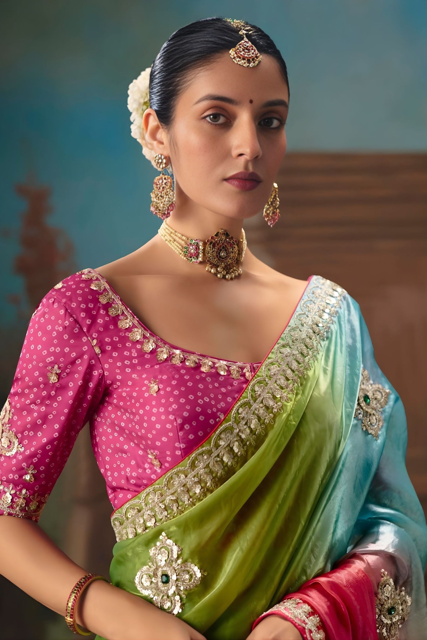 Multicolor Ombre Embroidered Silk Saree Festive Wear