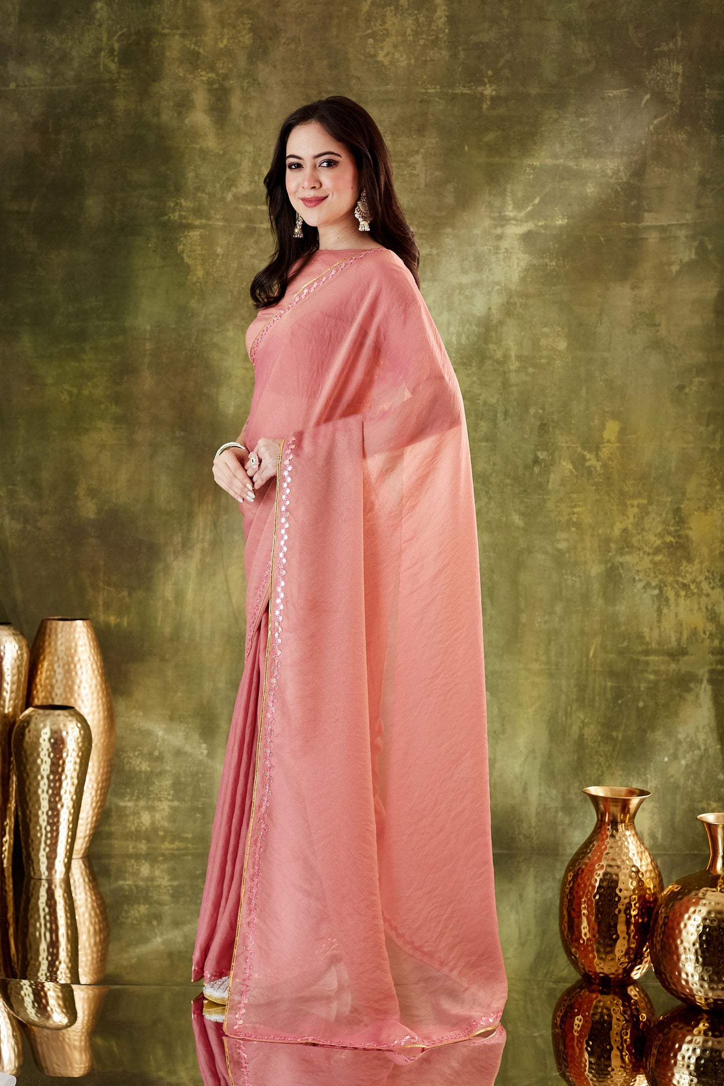 Peach Pink Organza Ready To Wear Saree Designer Sequins Lace Border