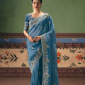 Teal Blue Organza Saree Heavy Silver Zari Embroidery Border Designer Blouse