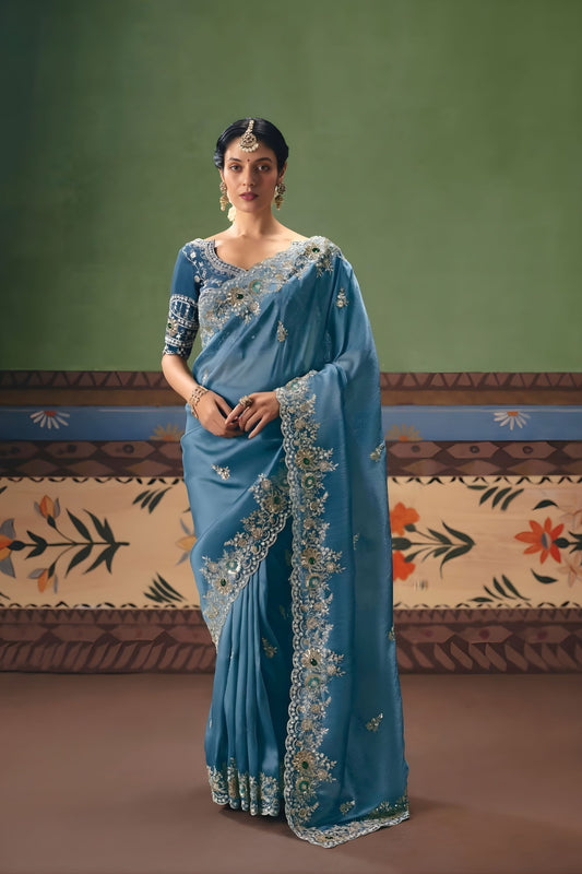 Teal Blue Organza Saree Heavy Silver Zari Embroidery Border Designer Blouse