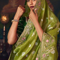 Olive Green Silk Saree with Designer Green Blouse
