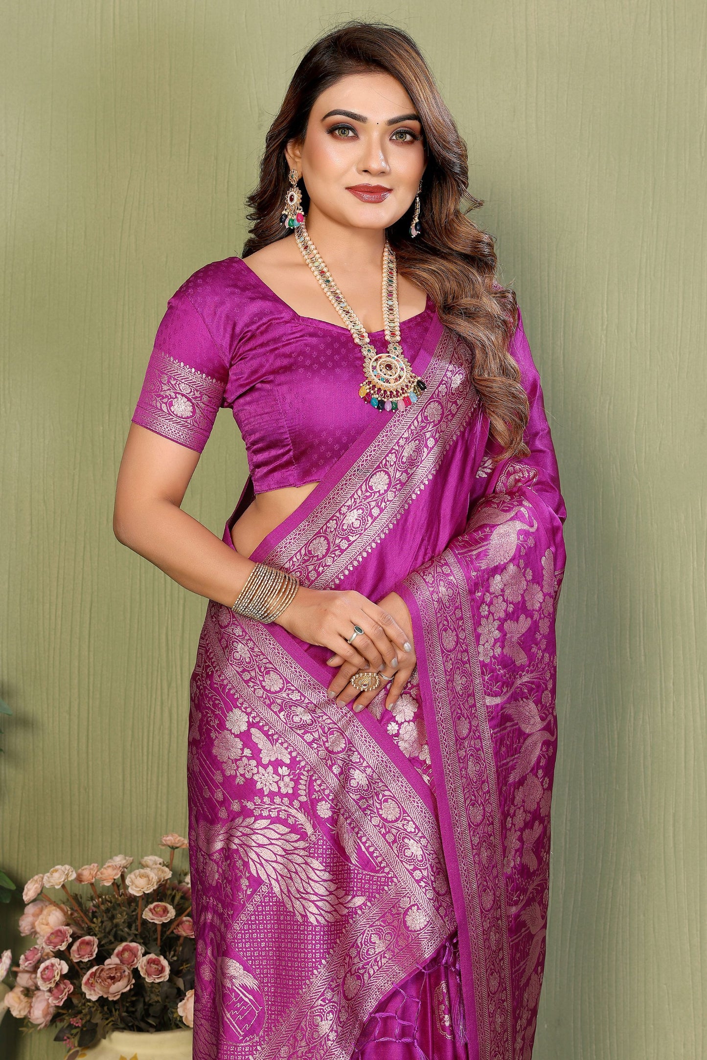 Rani Pink Banarasi Silk Saree Silver Zari Peacock Weaving Saree