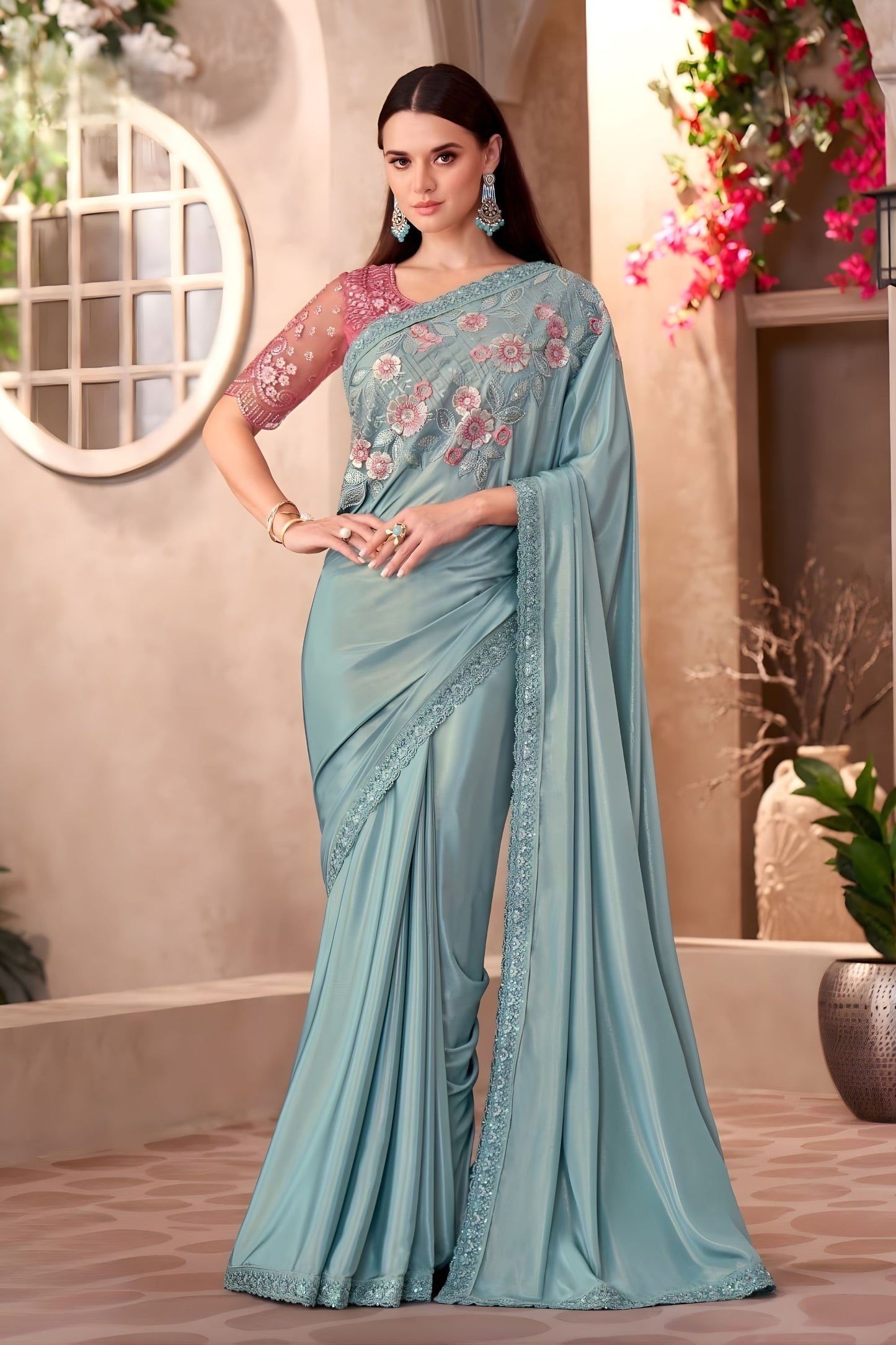 Sea Green Georgette Saree Floral Embroidery Designer Pink Blouse