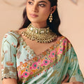 Designer Mint Green Silk Saree with Floral Zari Border Print Pallu